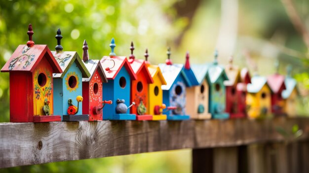 Foto kleurrijke vogelhuizen op een houten hek