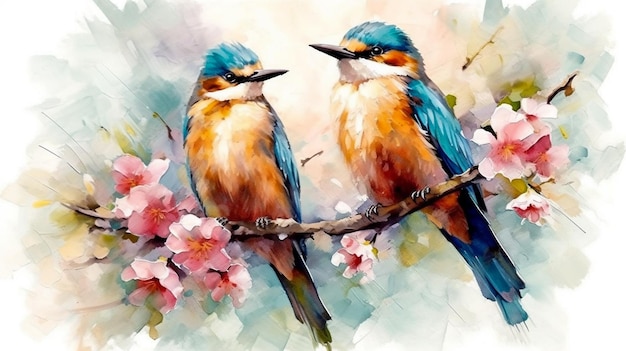 Kleurrijke vogels met tak sakura bloem in aquarel ontwerp artistiek Concept van schilderij geïsoleerd op witte achtergrond Generatieve Ai