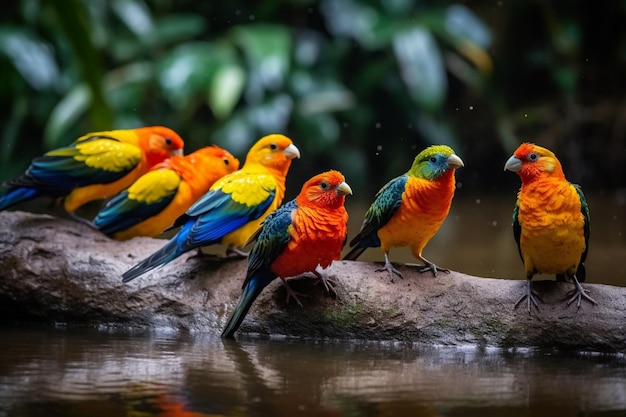 Kleurrijke vogels op een boomstam in een vijver