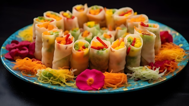 Kleurrijke voorjaarsrolplaat een gastronomische viering van de Chinese cultuur gratis kopieerruimte