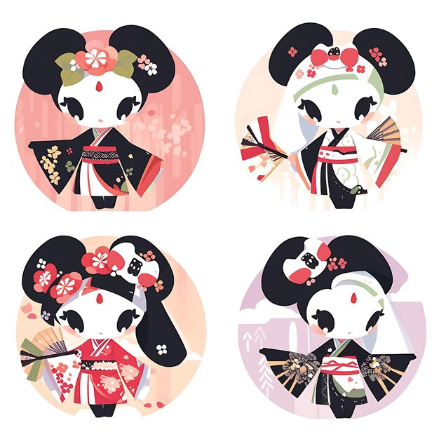 Foto kleurrijke vrouwelijke panda chibi kawaii chinese fashion concept zwarte en schattige personages collectie