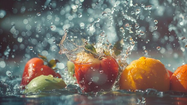 Foto kleurrijke vruchten spetteren in water hoogwaardige afbeelding