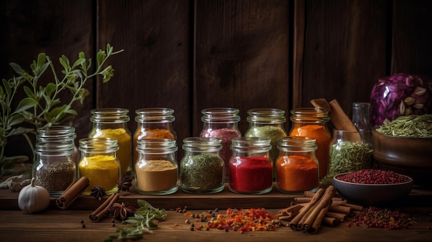 Kleurrijke weergave van verschillende specerijen en kruiden