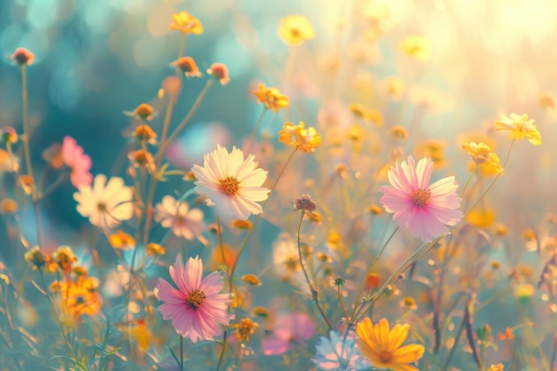 Kleurrijke weidebloemen in vintage herfstlandschap