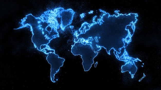 Kleurrijke wereldkaart op donkere achtergrond, blauwe gloeiende wereldkaart, ruimteachtergrond