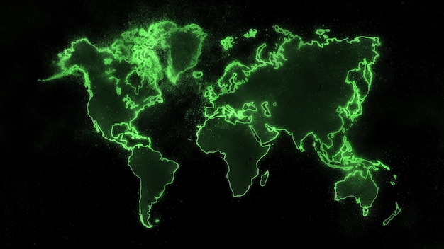 Kleurrijke wereldkaart op donkere achtergrond, groene gloeiende wereldkaart, ruimte achtergrond