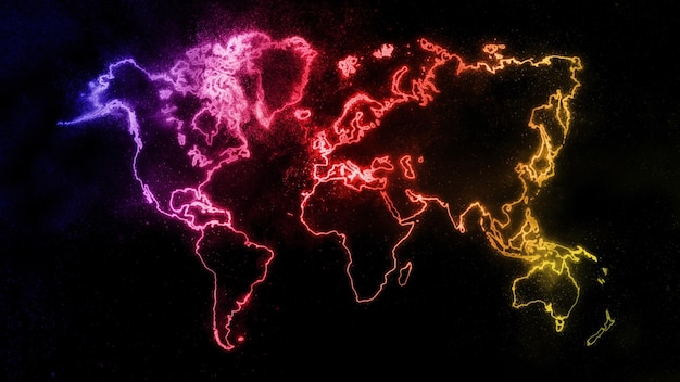 Kleurrijke wereldkaart op donkere achtergrond, kleurrijke gloeiende wereldkaart, ruimte achtergrond