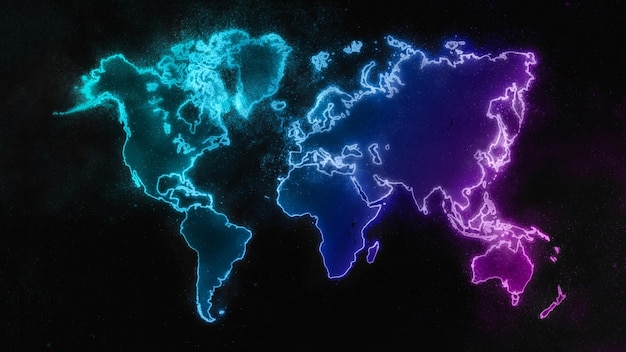Kleurrijke wereldkaart op donkere achtergrond, kleurrijke gloeiende wereldkaart, ruimte achtergrond
