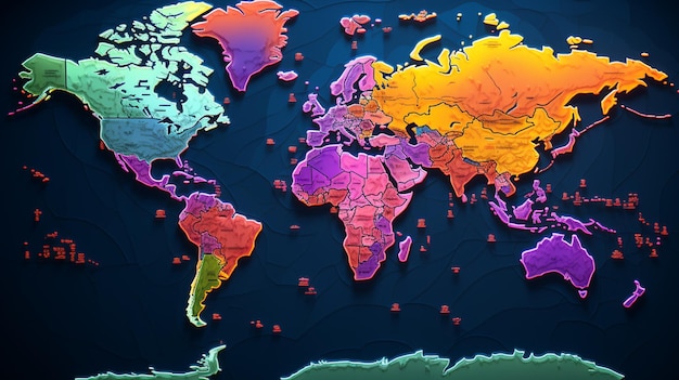 Kleurrijke wereldkaart op een blauwe achtergrond