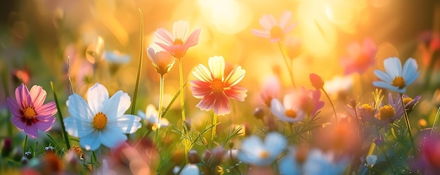 Kleurrijke wilde bloemen verlichten een serene zomer avond in een schilderachtige weide Concept Zomer zonsondergang Wildbloemweide Kleurrijke bloemen Serene avond Schilderachtig landschap