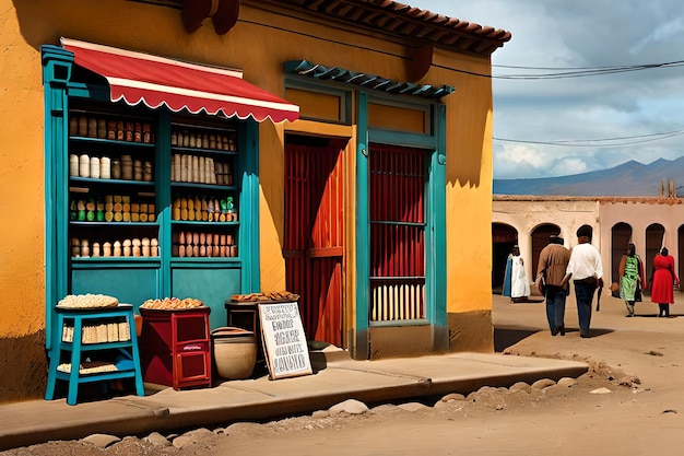 kleurrijke winkelfacades in een typisch Latijns-Amerikaans dorp