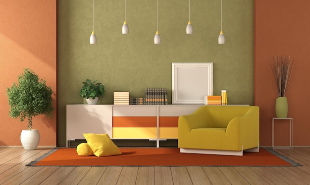 Kleurrijke woonkamer met gele fauteuil op tapijt en dressoir op achtergrond - 3d rendering