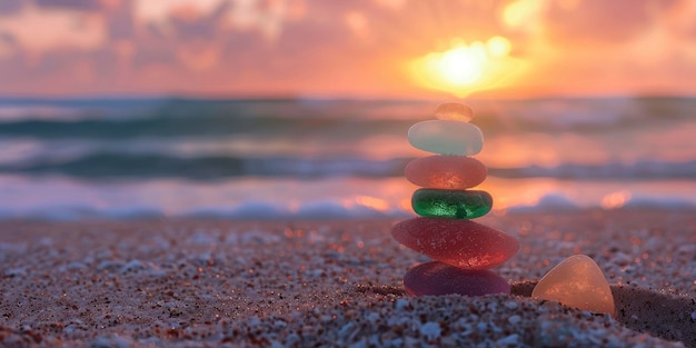 Kleurrijke zee glazen cairn op het strand bij zonsondergang