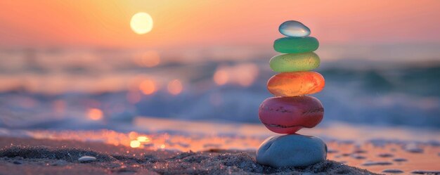 Kleurrijke zee glazen cairn op het strand bij zonsondergang