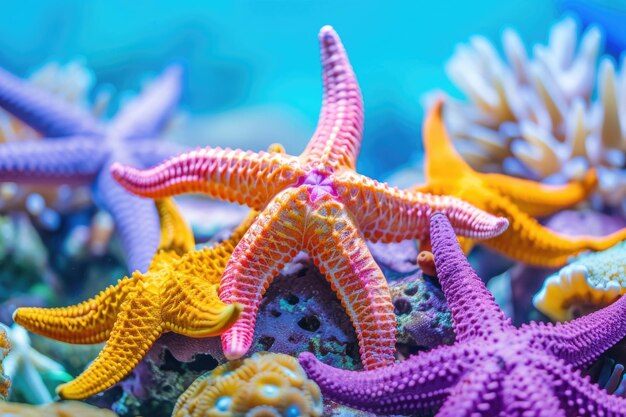 Kleurrijke zeesterren rusten op een levendig koraalrif