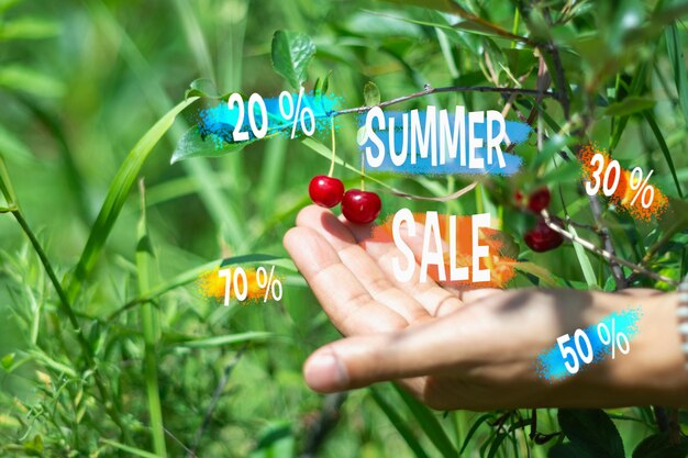 Foto kleurrijke zomerpromotie boven verse kersen in een zonnige boomgaard