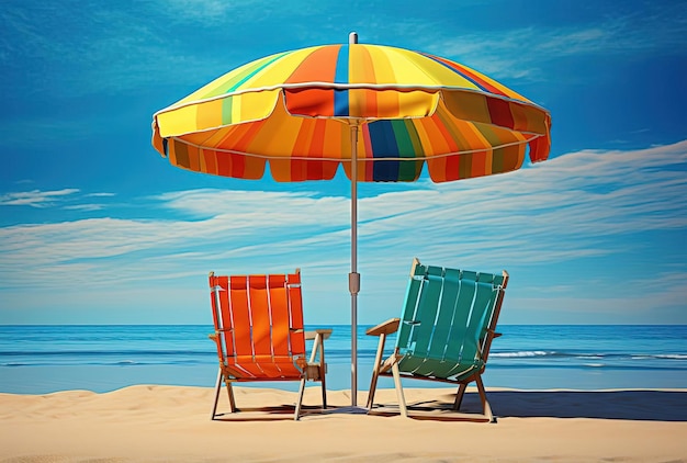 kleurrijke zonnebril met stoelen op een zandstrand in de stijl van daz3d