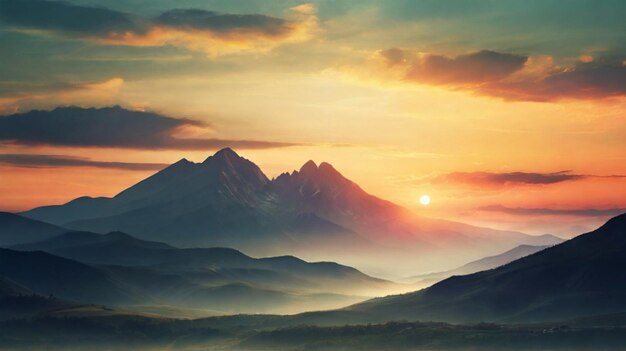 Kleurrijke zonsopgang over de bergen met vintage filter Panoramisch uitzicht op de majestueuze dageraad