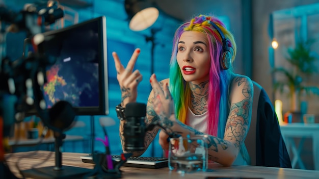 Kleurrijkharige vrouw die op de computer werkt