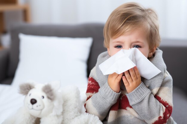 Kleuterjongen met de griep snuit zijn neus met behulp van een tissue