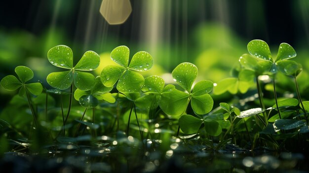 Kleverveld laat close-up waterdruppels bokeh en zonlicht op de achtergrond St.Patrick's Day