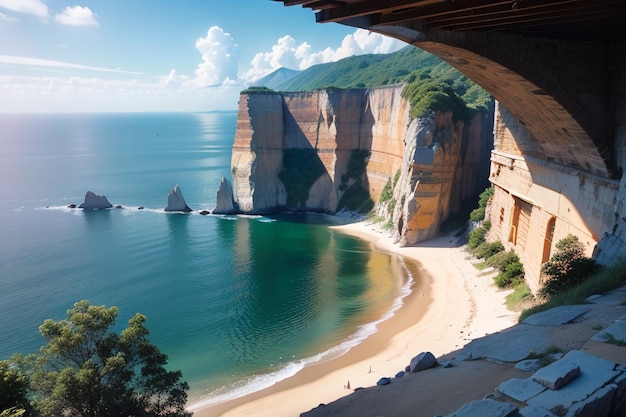 Klif en berg natuurlijk landschap door de achtergrond van het zeebehang met uitzicht op het verre uitzicht