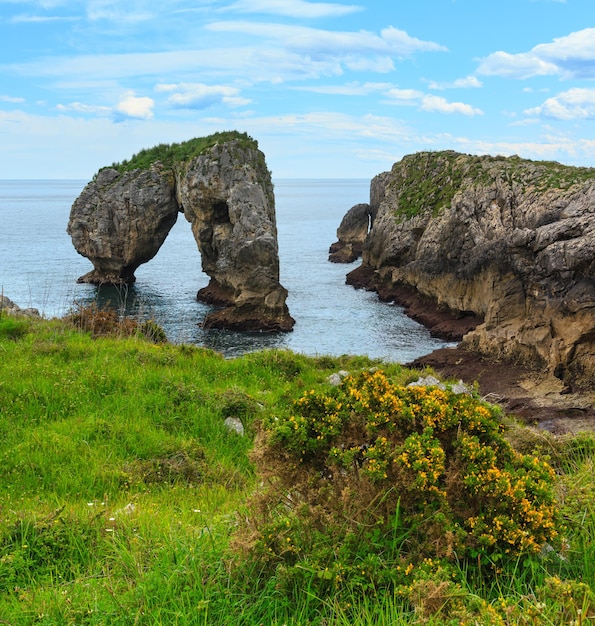 Kliffen en canyon in de stad van Llanes Villahormes, het eilandje dat bekend staat als Castro de las Gaviotas (Asturias, Spanje).