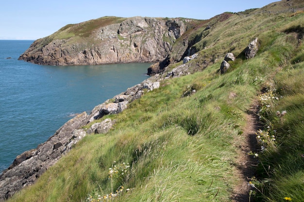 Kliffen en voetpad bij Llanbadrig Cemaes, Anglesey, Wales, VK