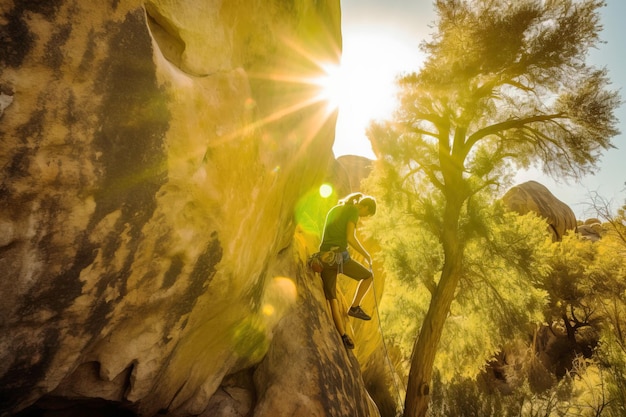 Klimmer in de zonnestralen in het concept van actieve extreme sporten op de berg Wandelklimmen