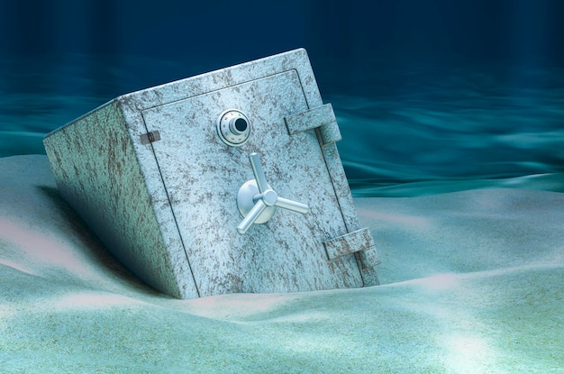 Kluis op oceaanbodem onderwater 3D-rendering