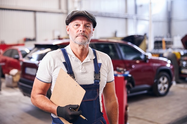 Knappe automonteur met klembord en pen