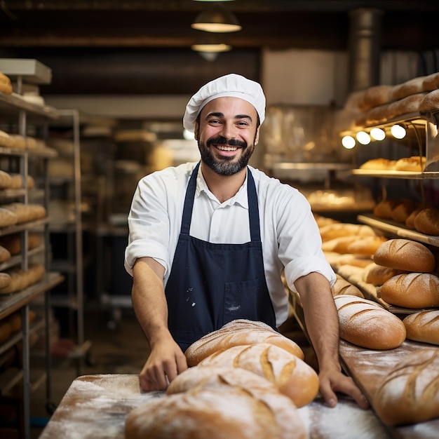 Knappe bakker in uniform met baguettes met broodplanken op de achtergrond