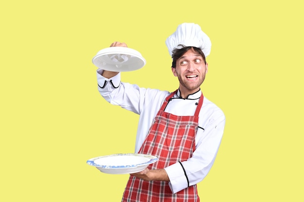 knappe chef-kok kok witte outfit met schotel indisch pakistaans model