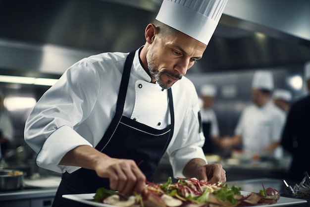 Knappe chef-kok man kookt in de helder witte keukenkamer Chef-kok gevouwen armen in de buurt van kooktafel