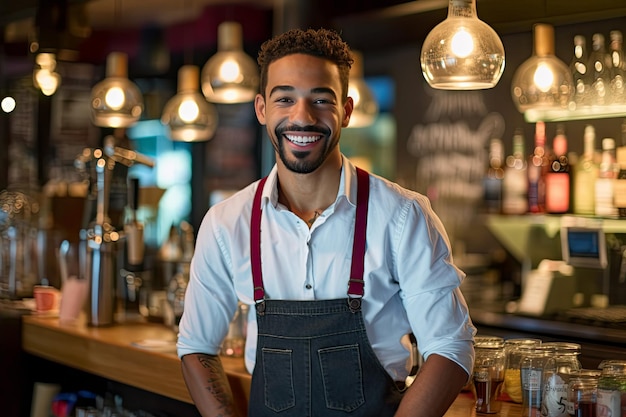 Knappe en lachende jonge man barman en barman in een café-bar of koffieshop