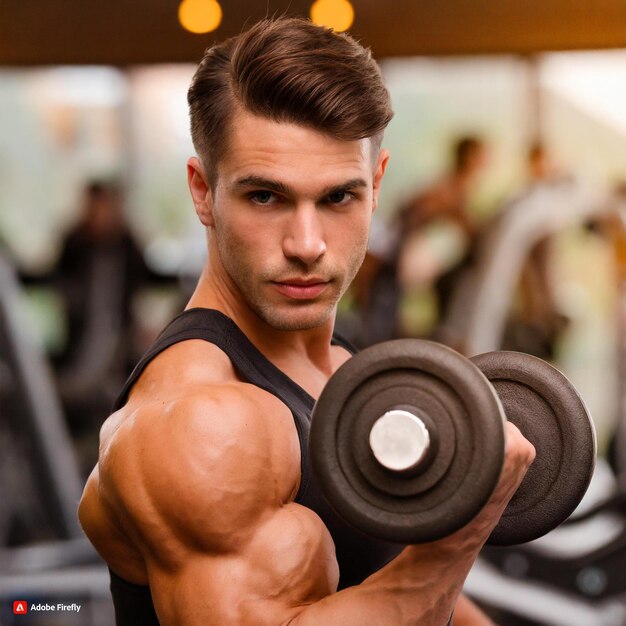 knappe gespierde bodybuilder die oefent met gewichten focus op biceps