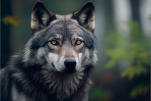 Foto knappe grijze wolf, lupus, dichtbij bos