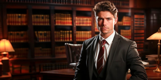 Knappe jonge advocaat in een rechtszaal Wet en rechtvaardigheidsconcept Generatieve AI