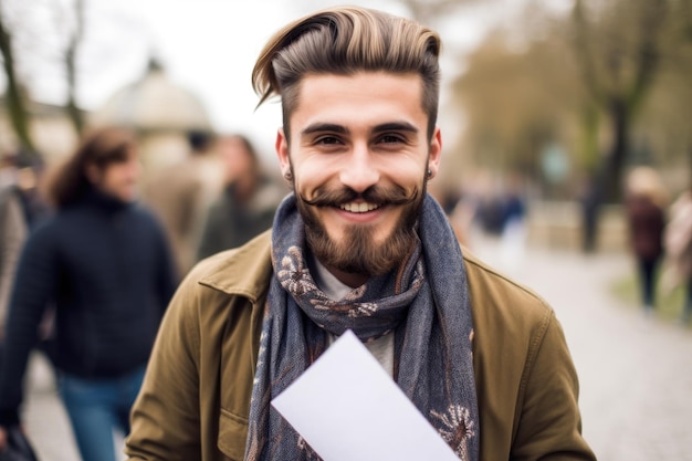 Knappe jonge hipster die een stuk papier vasthoudt en glimlacht naar de camera gemaakt met generatieve ai