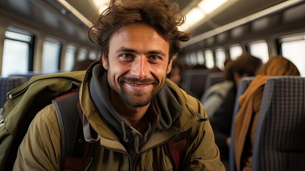 Knappe jonge man die met de trein reist en lacht naar de camera