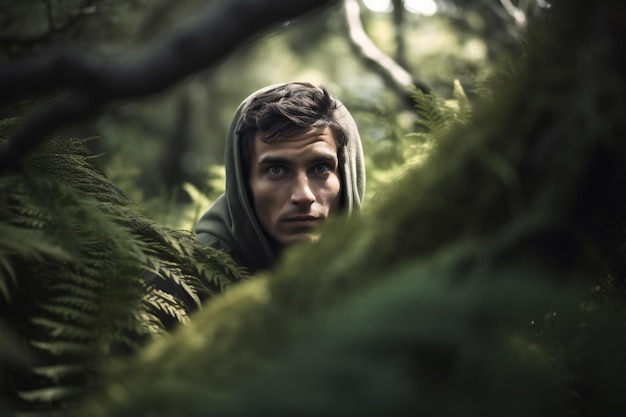 Knappe jonge man in een groen bos met varens