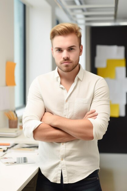 Knappe jonge mannelijke ontwerper die met zijn armen over elkaar staat in het kantoor gemaakt met generatieve ai