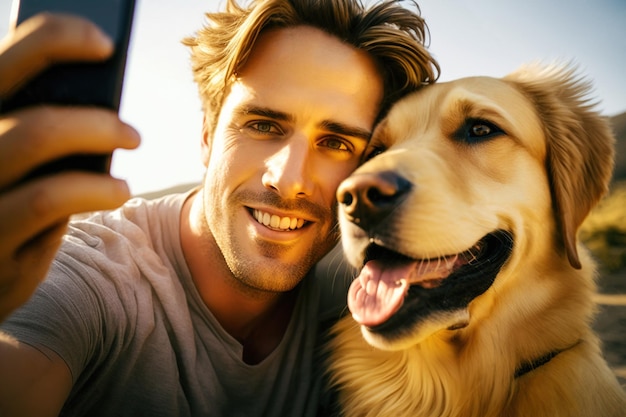 Knappe jongeman die selfie maakt met zijn hond op het strand