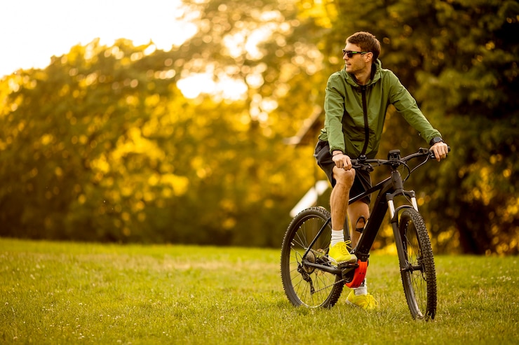 Foto knappe jongeman ebike rijden in het park