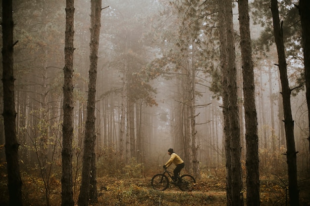 Knappe jongeman fietsen door herfst bos