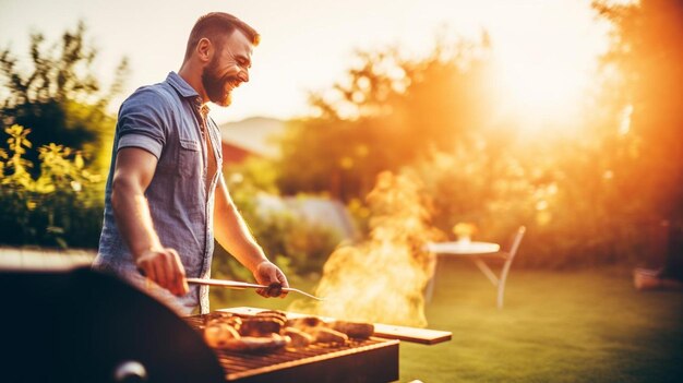Foto knappe man bereidt barbecue grill buiten voor vrienden