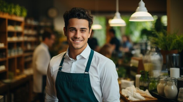 knappe man die in het café werkt