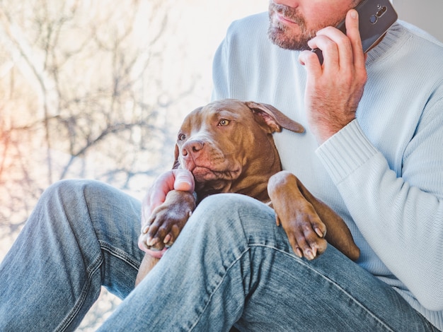 Knappe man en een charmante puppy. Detailopname