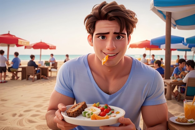 knappe man eten op het strand aantrekkelijk lichaamsbouw helder gezicht heldere scherpe ogen