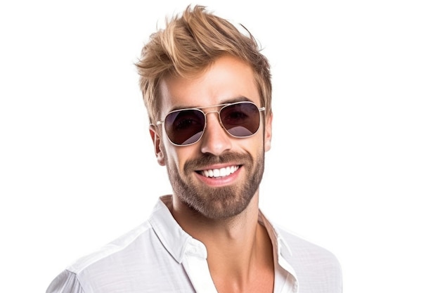 Knappe man in zonnebril met een glimlach geïsoleerd op wit gemaakt met generatieve ai